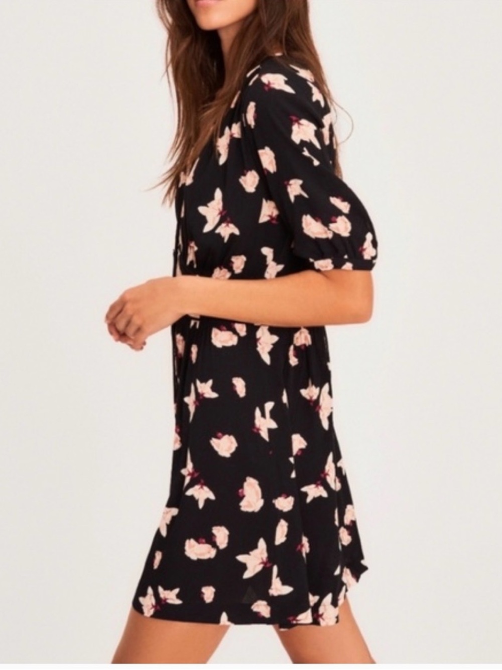 ba&sh Marine Navy Magnolia Floral Mini Dress Button Front Cinched Waist: US 6 - Picture 2 of 7